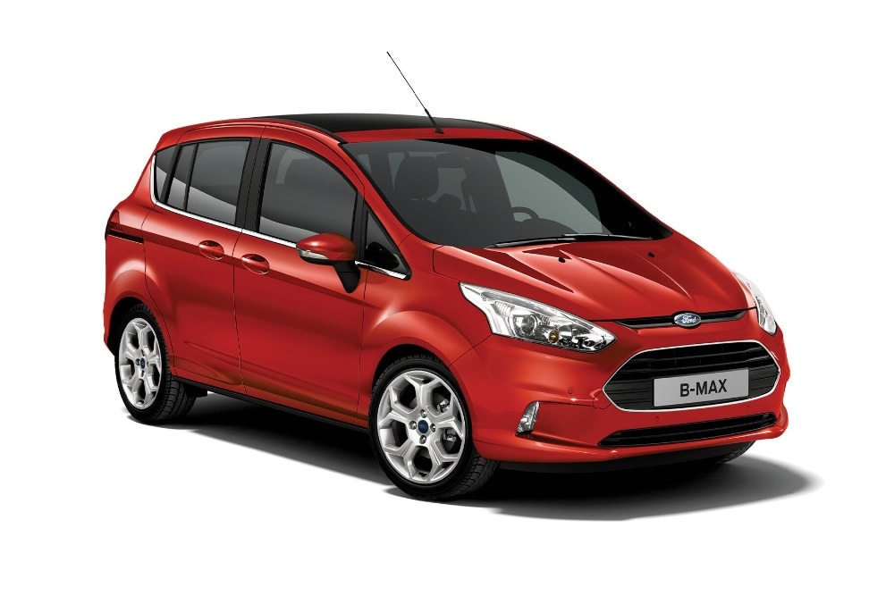 A red Ford B-MAX on a white background
